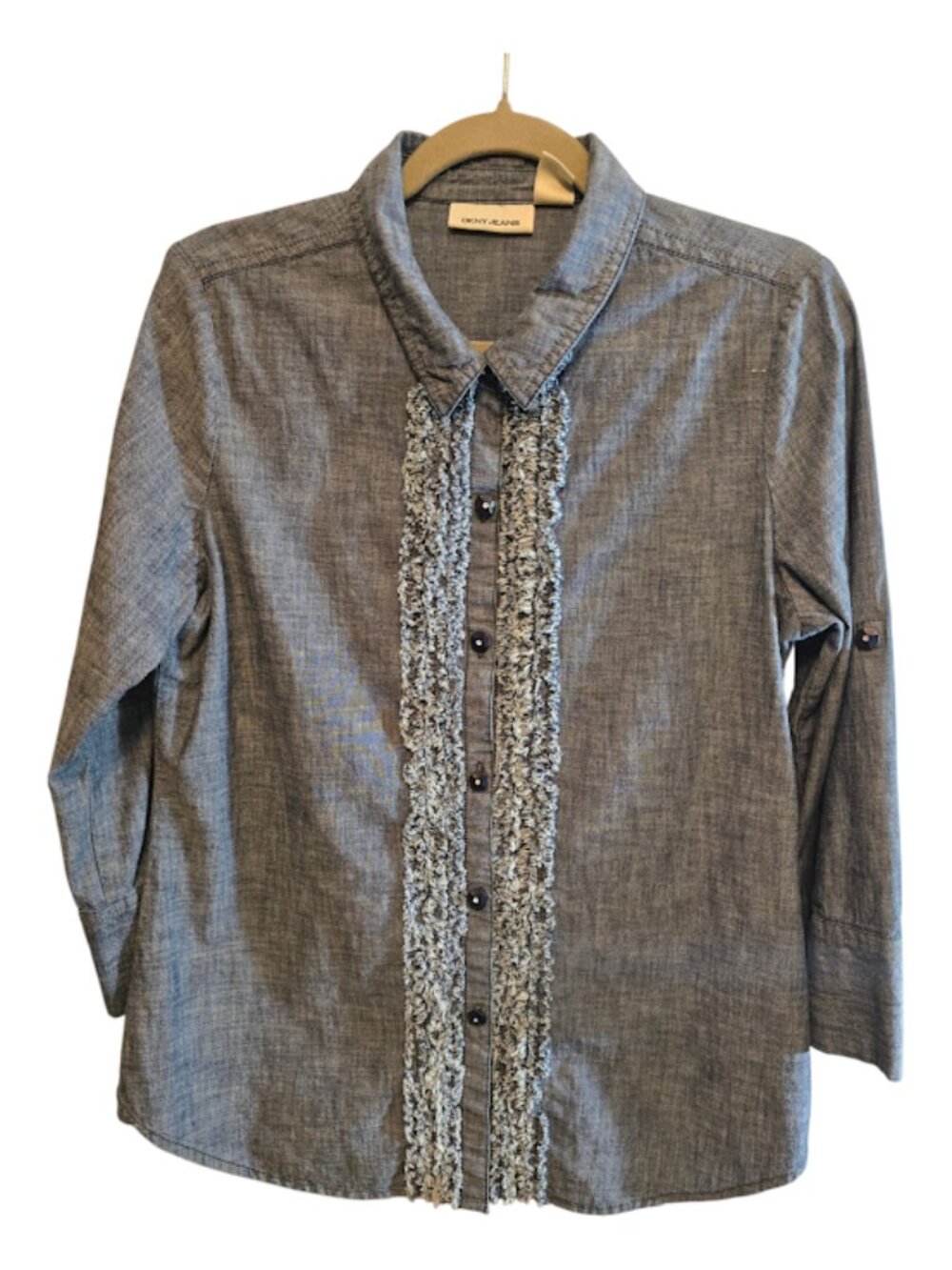 DKNY JEANS NAVY LONG SLEEVE BUTTON UP SHIRT SIZE LARGE RUFFLE FRONT FEMININE